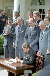 President Ronald Reagan at the Signing Ceremony for H R 6267 The Depository Institutions Amendments Act of 1982
