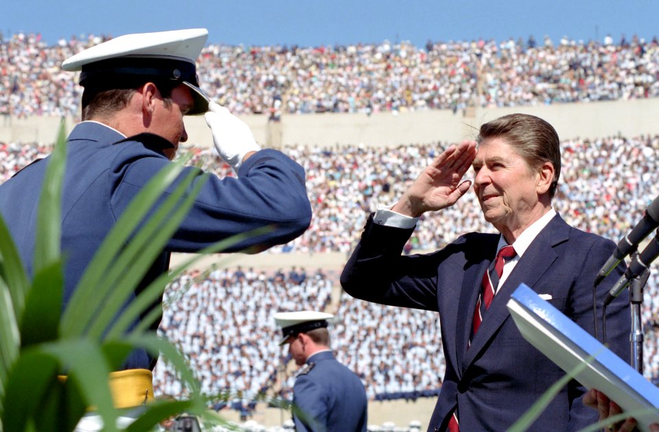 President Ronald Reagan saluting at the 1984 Graduating Class of the United States Air Force Academy