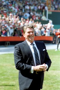 President Ronald Reagan attending opening day game of the 1984 Baseball Season photo