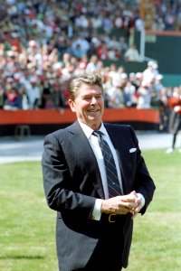 President Ronald Reagan attending opening day game of the 1984 Baseball Season