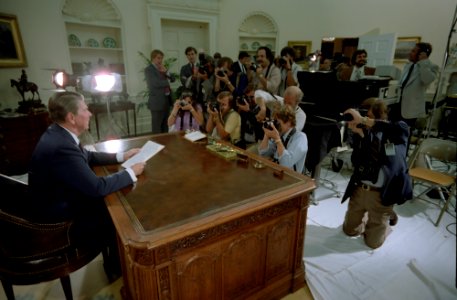 President Ronald Reagan delivering a speech to the nation on tax and budget legislation