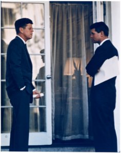President with Attorney General. President Kennedy, Attorney General Kennedy. White House, Oval Office Doorway. - NARA - 194221 photo