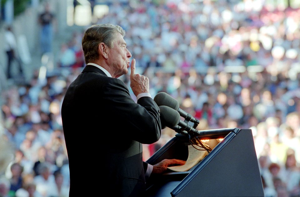 President Ronald Reagan speaking at a Republican party Rally Pacific Amphitheater in Costa Mesa, California