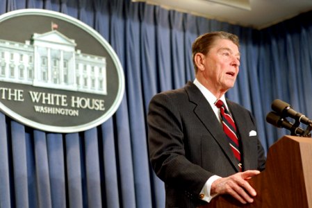 President Ronald Reagan speaking at the podium and his announcement regarding the appointment of Ambassador Habib as special envoy for Central America in the Press Room