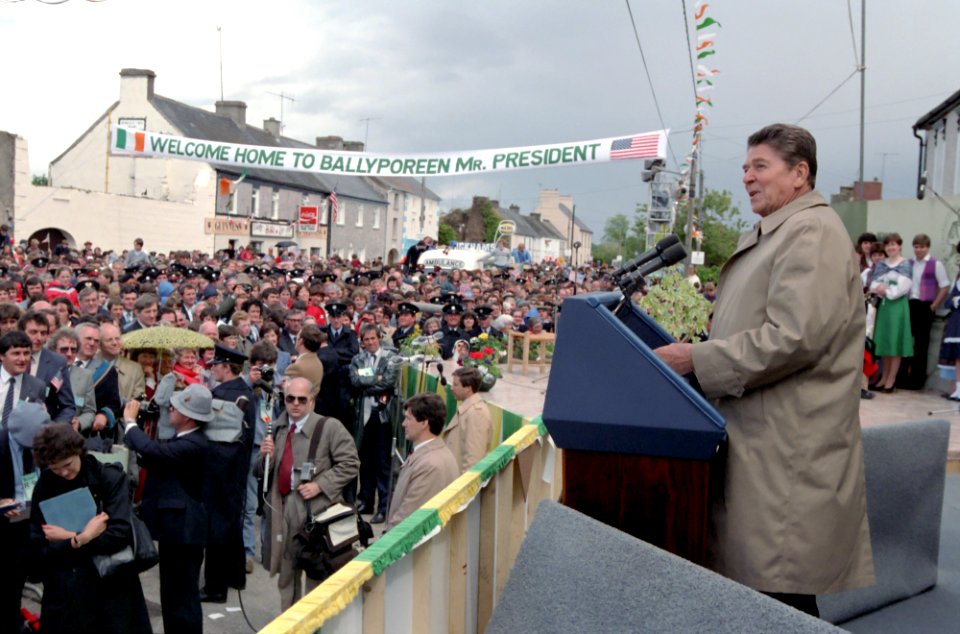 President Ronald Reagan speaking to citizens of Ballyporeen, Ireland