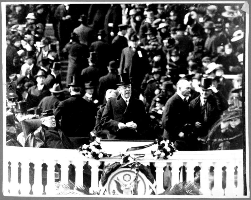 President Wilson, with top hat and speech in hand, delivering his inaugural address, March 5, 1917 LCCN00650963