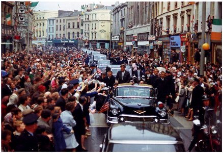 President's Trip to Europe- Motorcade in Dublin. President Kennedy, motorcade, spectators. Dublin, Ireland - NARA - 194227