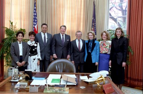 President Ronald Reagan during a photo opportunity with the National Security Council staff photo