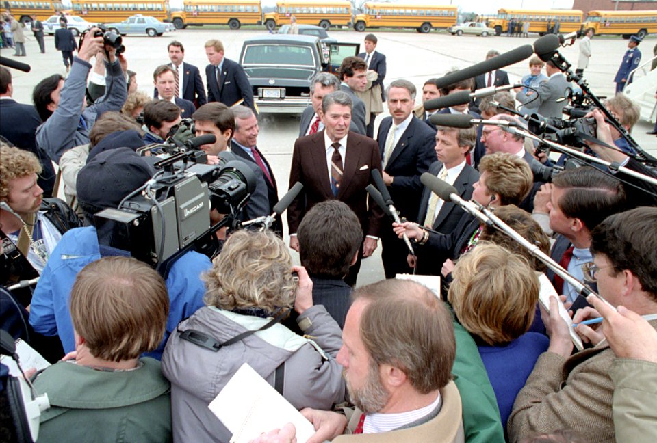 President Ronald Reagan during his arrival via Air Force One at the Columbia airport in Columbia, Missouri