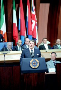 President Ronald Reagan during his trip to France and his speech to the European Parliament photo
