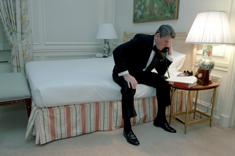 President Ronald Reagan talking with a Vietnam Veteran who has fasted on behalf of United States Servicemen missing in action in Vietnam in New York City