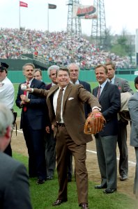 President Ronald Reagan throwing out the first pitch during opening day of the 1986 baseball season photo