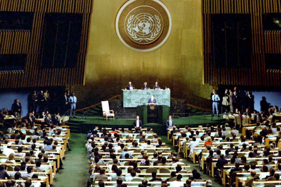 President Ronald Reagan gives a speech in the General Assembly Hall at the United Nations