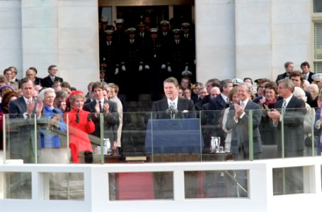 President Ronald Reagan gives his Inaugural Address at the US Capitol photo