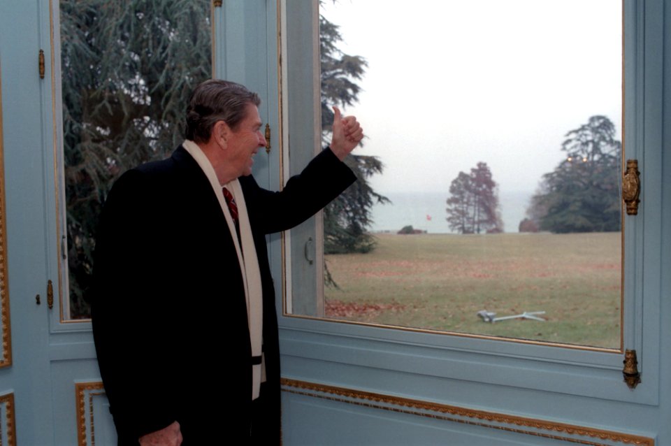 President Ronald Reagan gives the thumbs up sign before meeting with Soviet General Secretary Mikhail Gorbachev