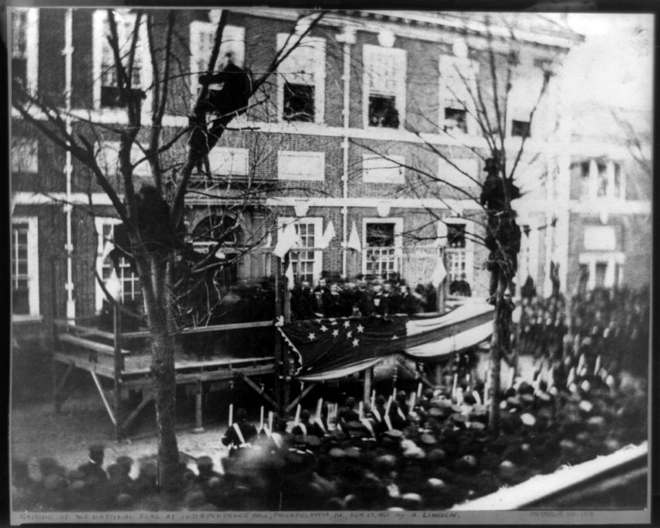 President-elect Abraham Lincoln raising a flag at Independence Hall, Philadelphia, in honor of the new star added for the admission of Kansas to the Union on Washington's Birthday, February LCCN2013648765