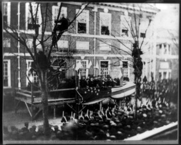 President-elect Abraham Lincoln raising a flag at Independence Hall, Philadelphia, in honor of the new star added for the admission of Kansas to the Union on Washington's Birthday, February LCCN2013648765