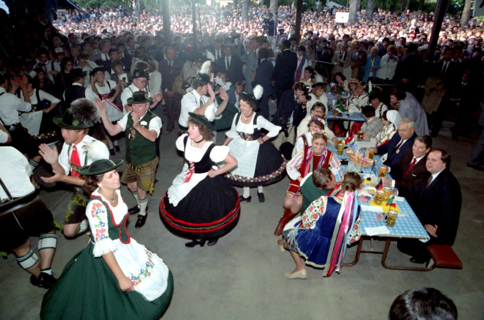 President Ronald Reagan watching dancers while visiting the annual Family Octoberfest at the Old Heidelberg Park in Milwaukee, Wisconsin