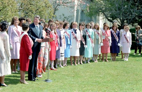 President Ronald Reagan Greeting the 1984 Cherry Blossom Princesses in the White House Rose Garden (01) photo