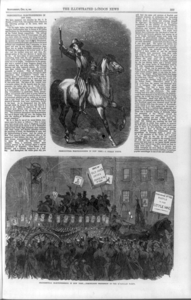 Presidential electioneering in New York-a street scene ; Presidential electioneering in New York-torchlight procession of the M'Clellan party LCCN90708969
