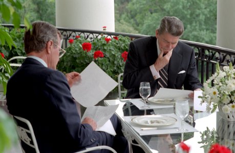 President Ronald Reagan having lunch with Vice President George H. W. Bush