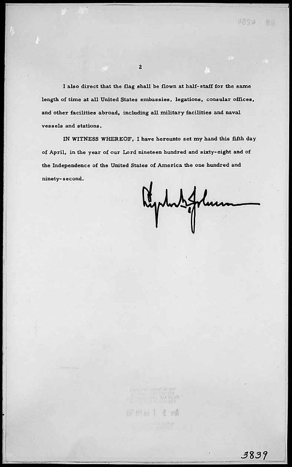 Presidential Proclamation 3839 of April 5, 1968, by President Lyndon B. Johnson designating Sunday, April 7, 1968, as a day of national mourning for Martin Luther King, Jr., 04-05-1968 (page 2 of 2) (4266360602)