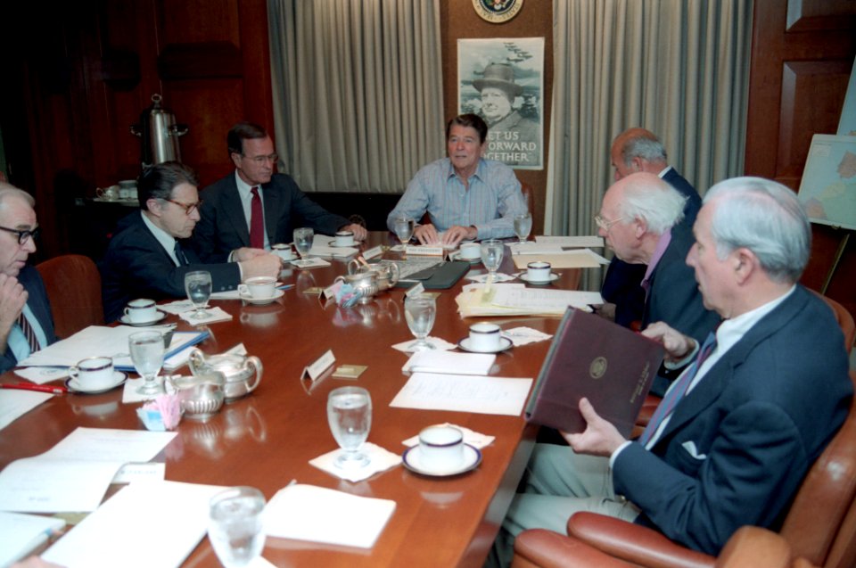 President Ronald Reagan holds a National Security Council Meeting in the White House Situation Room