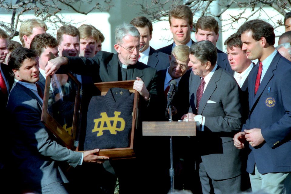 President Ronald Reagan hosting the NCAA football champion University of Notre Dame football team