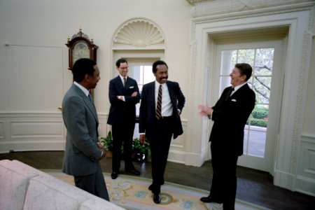 President Ronald Reagan with Melvin Bradley, Dennis Kass, and Wendell Gunn