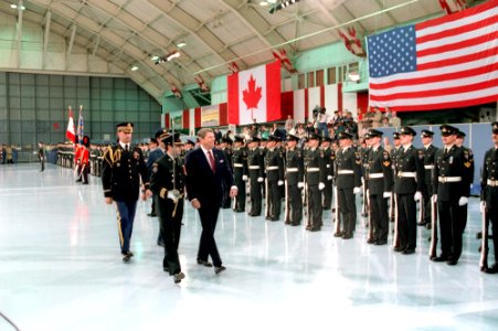 President Ronald Reagan inspecting troops during an Arrival Ceremony at Upland Canadian Forces Base in Ottawa, Canada
