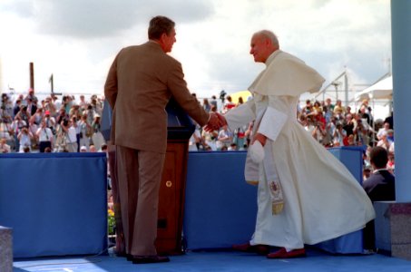 President Ronald Reagan with Pope John Paul II at the Miami International Airport