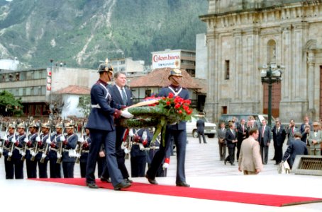 President Ronald Reagan laying a wreath at Simon Bolivar's grave in Bogota, Colombia