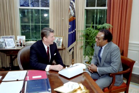 President Ronald Reagan with Samuel Pierce Jr in the Oval Office