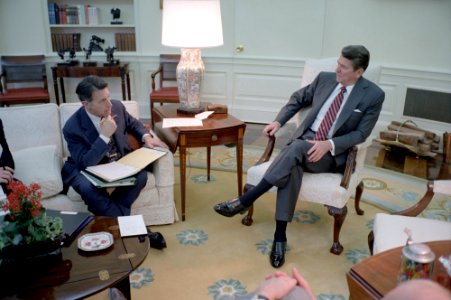 President Ronald Reagan meeting to discuss the 1984 Budget of the United States with Caspar Weinberger