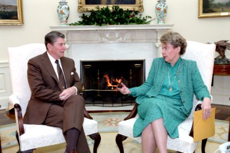 President Ronald Reagan meeting with Jeane Kirkpatrick in the Oval Office photo