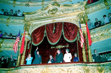 President Ronald Reagan, Nancy Reagan, Mikhail Gorbachev, and Raisa Gorbachev at the Bolshoi Ballet Theatre in Moscow photo