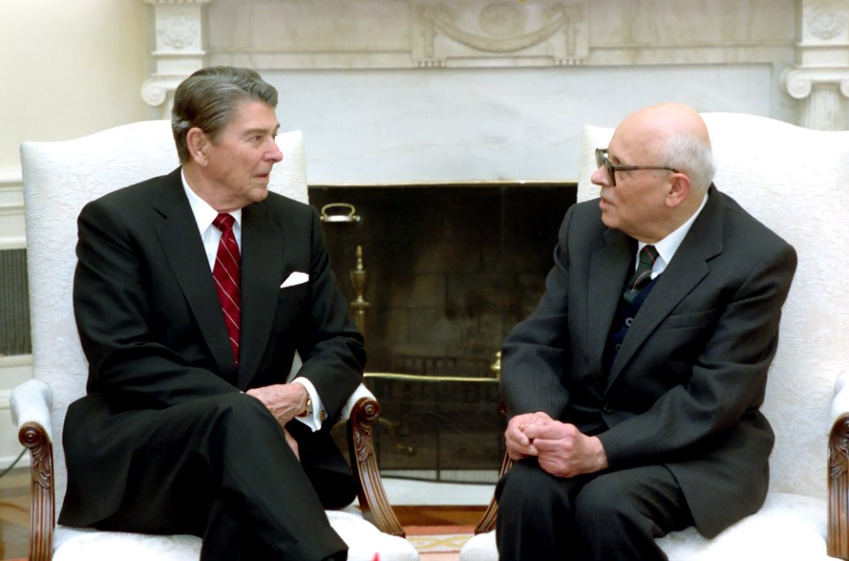 President Ronald Reagan meeting with Soviet dissident Andrei Sakharov in the Oval Office