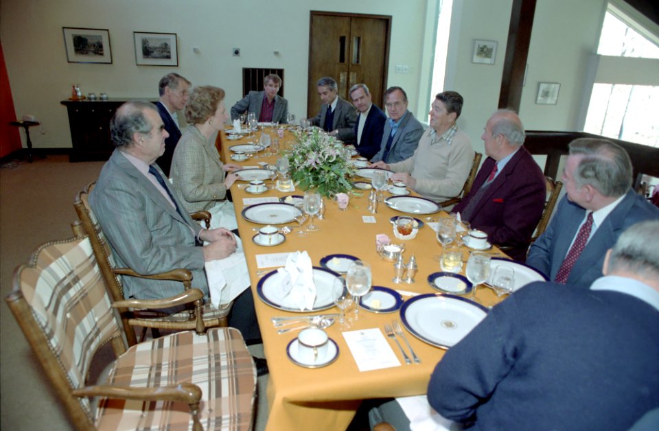 President Ronald Reagan, Prime Minister Margaret Thatcher, George H. W. Bush, Robert McFarlane, and George Shultz