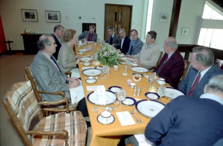 President Ronald Reagan, Prime Minister Margaret Thatcher, George H. W. Bush, Robert McFarlane, and George Shultz photo