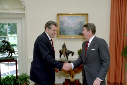 President Ronald Reagan meeting with William Bennett in the Oval Office photo