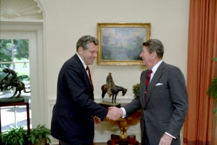 President Ronald Reagan meeting with William Bennett in the Oval Office