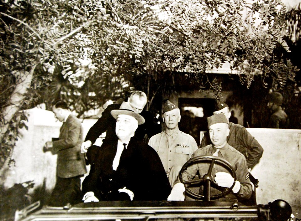 President Roosevelt and General Patton begin inspection of American troops, Casablanca Conference, Morocco, 1943 (24123491963)
