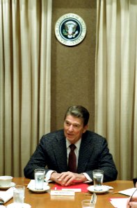 President Ronald Reagan participating in a National Security Planning Group Meeting in the Situation Room