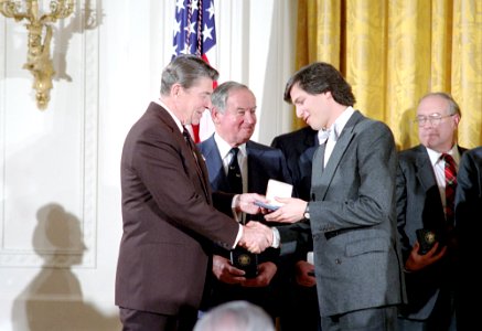 President Ronald Reagan presents the 1985 National Technology Awards to Steven Jobs
