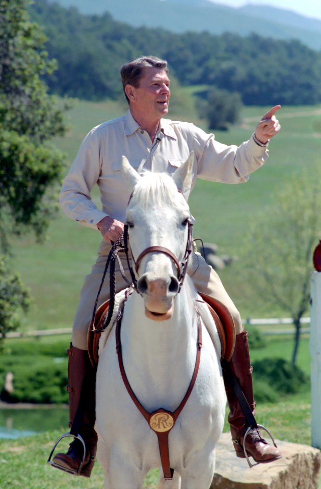 President Ronald Reagan riding his horse El Alamein at Rancho del Cielo ...