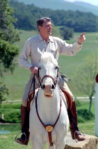 President Ronald Reagan riding his horse El Alamein at Rancho del Cielo photo