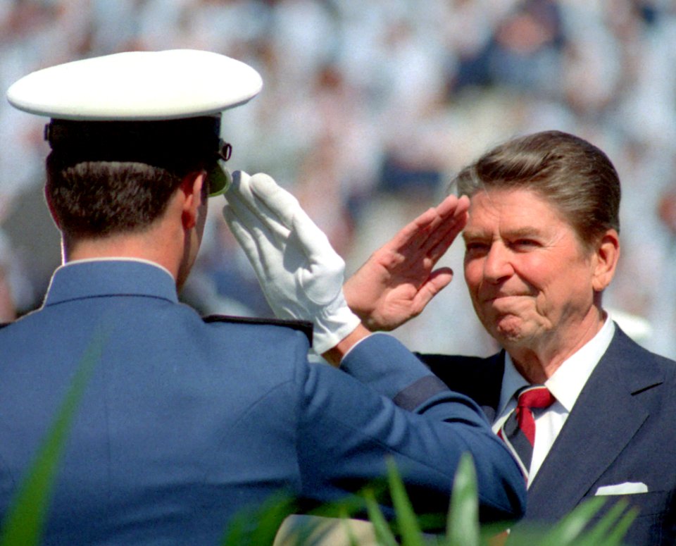 President Ronald Reagan Salutes an Air Force Cadet at the United States Air Force Academy Commencement in Colorado Springs, Colorado (cropped)