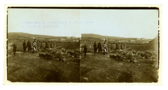 Priest and soldiers standing near bodies of Russian soldiers awaiting burial on a hill, Port Arthur LCCN2005678329