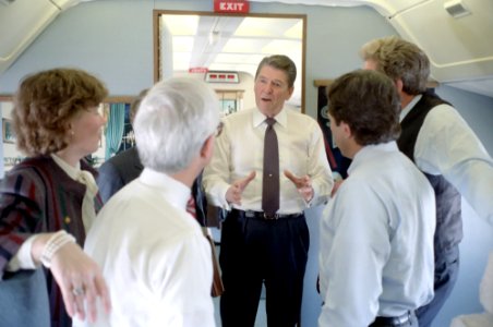 President Ronald Reagan talking aboard Air Force One during trip to Ohio
