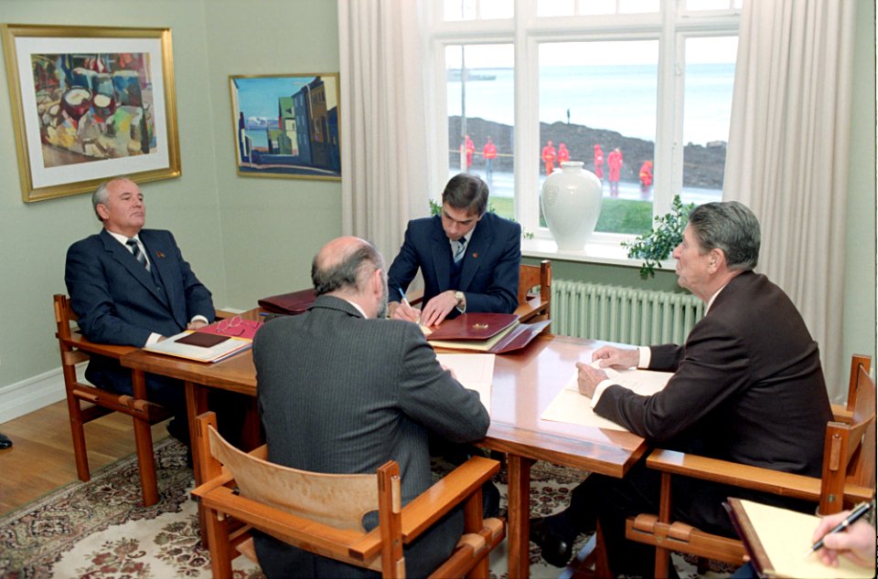 President Ronald Reagan talking to Mikhail Gorbachev during a meeting at the Reykjavik Summit